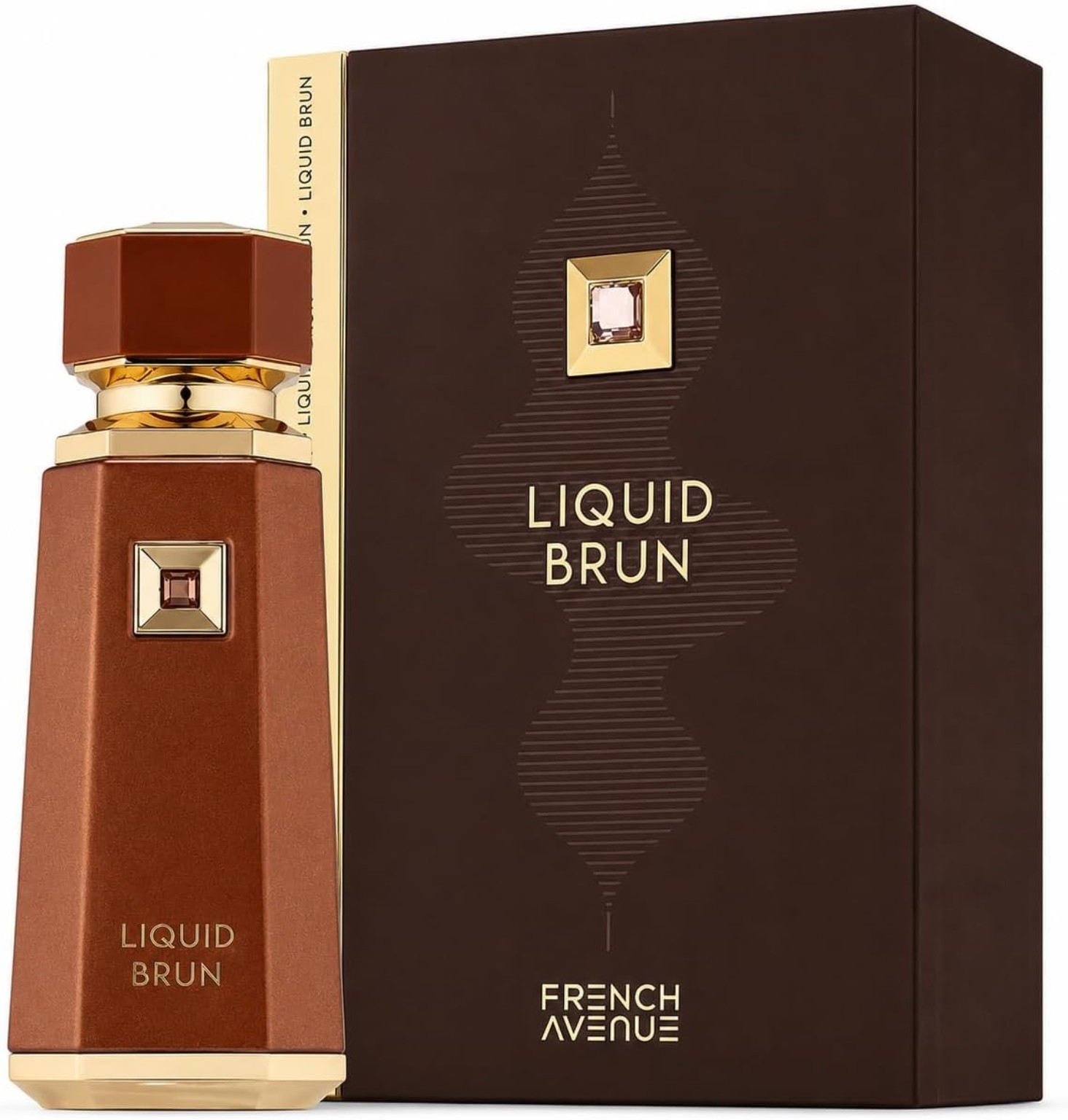 French Avenue Liquid Brun Eau de Parfum para hombre, frasco marrón y dorado, 100 ml