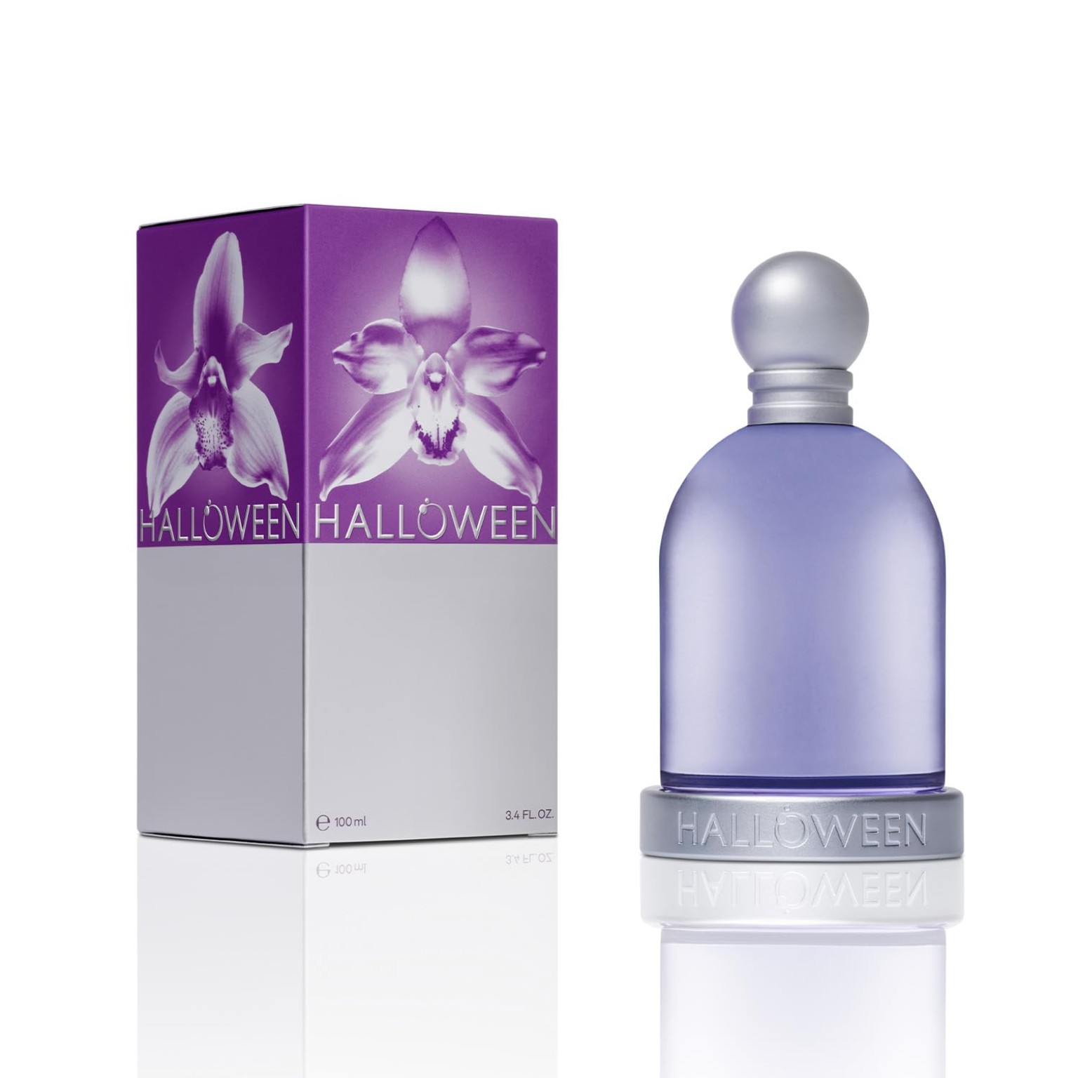 Halloween Eau de Toilette para mujer, frasco lila y caja violeta con orquídeas