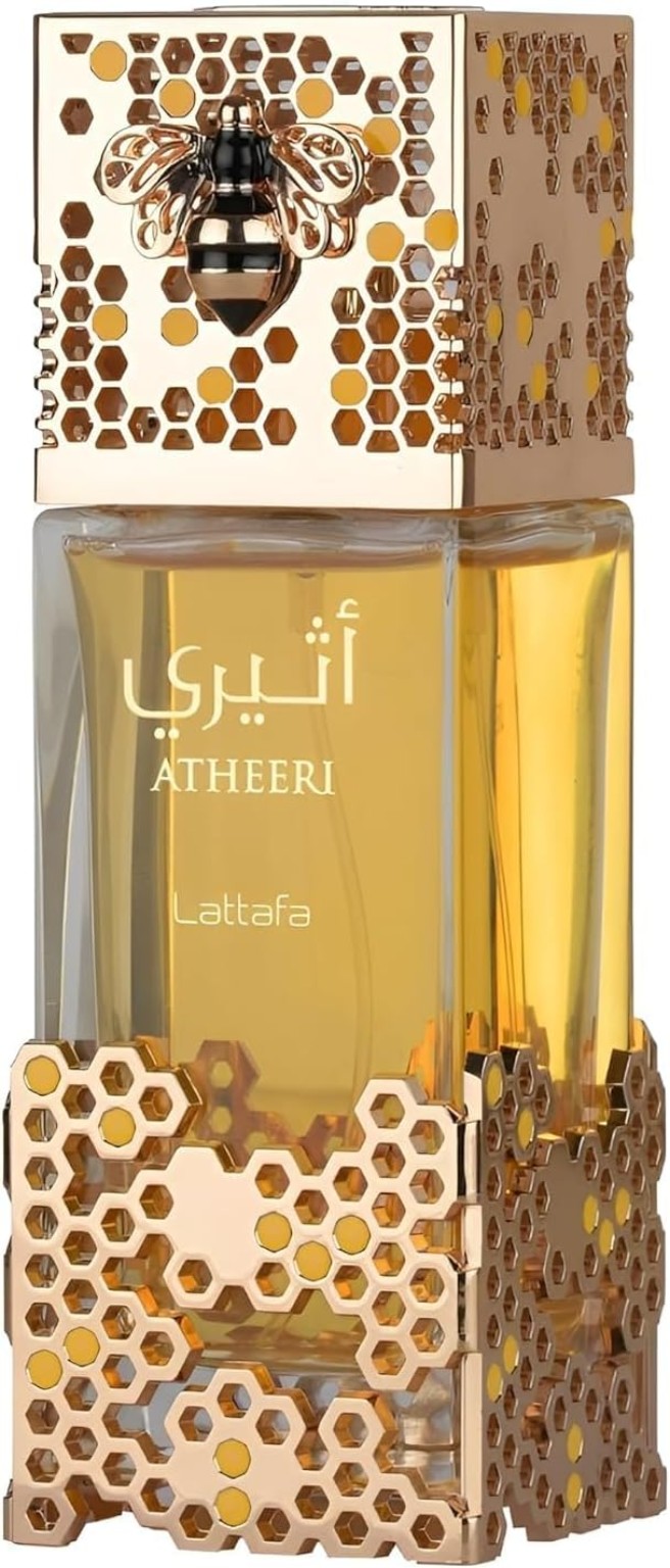 Lattafa Atheeri perfume para mujer de 100 ml, frasco dorado con detalles de panal y abeja