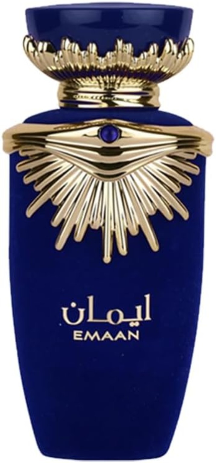 Lattafa Perfumes Emaan Eau de Parfum 100 ml, frasco azul oscuro y dorado