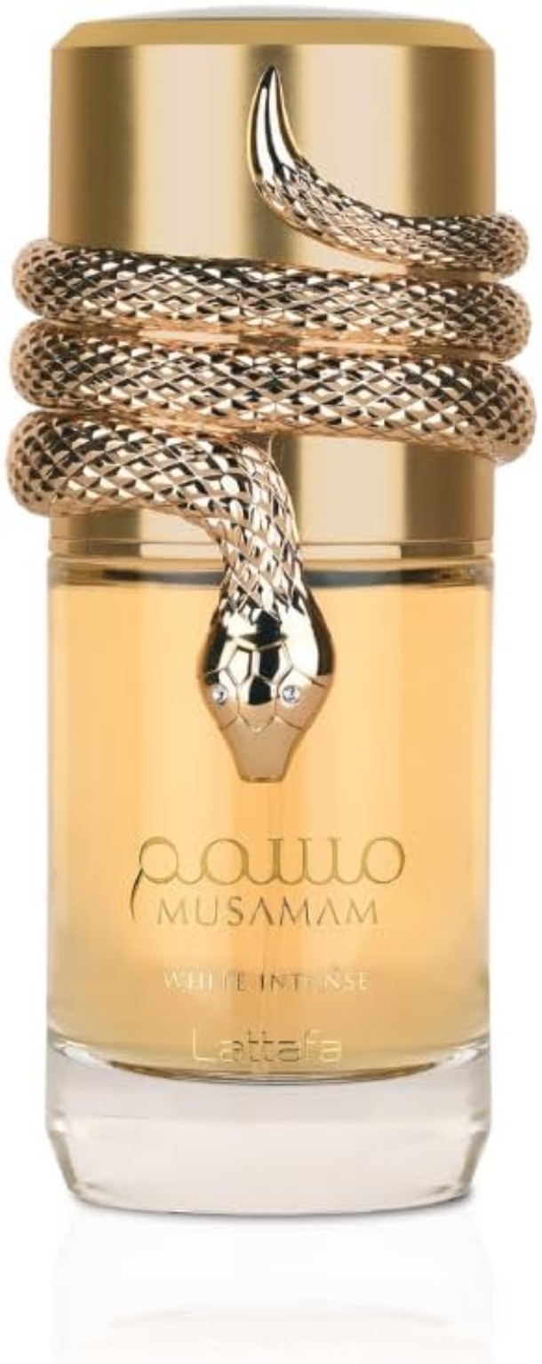 Lattafa Musamam White Intense perfume en frasco dorado con serpiente metálica